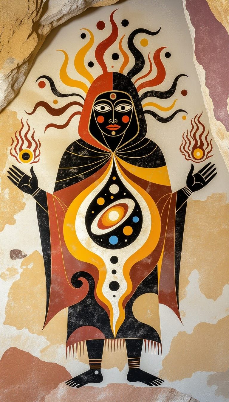 Cosmic Being in Ancient Cave Painting Style