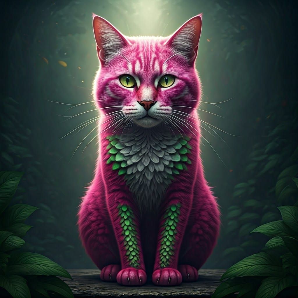 Hyperrealistic Dragonfruit Cat in Moody, Atmospheric Scene