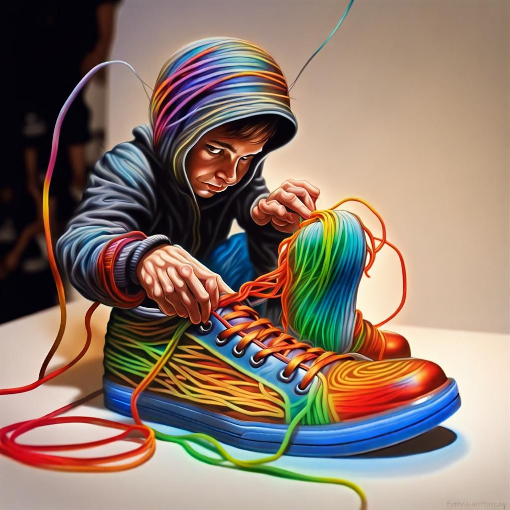 Airbrushed String Figure Tying Shoe: Fantasy Art