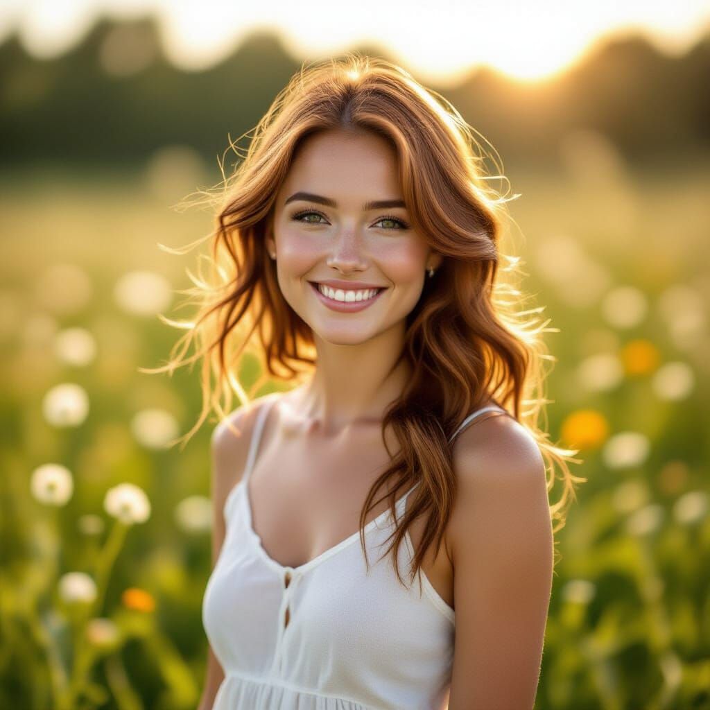 Smiling Woman in Wildflower Meadow, Photorealistic Portrait