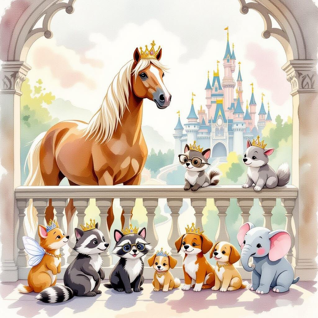 Majestic Palomino Horse and Fairy Animals in Watercolor Styl...