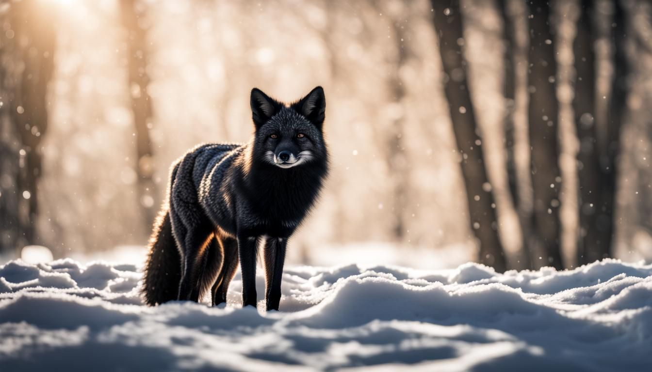 Black Fox Enjoys Snow in Hyperrealistic Style