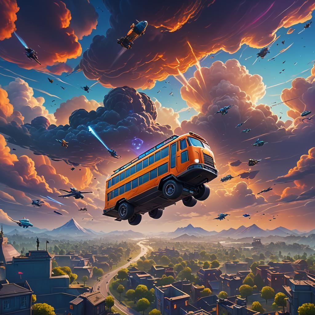 Fortnite Battle Bus Soaring Through Cloudy Sky