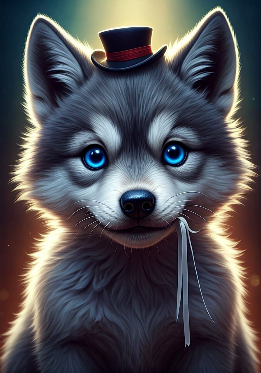 Charming Gray Wolf Pup in Top Hat with Shredded Silk