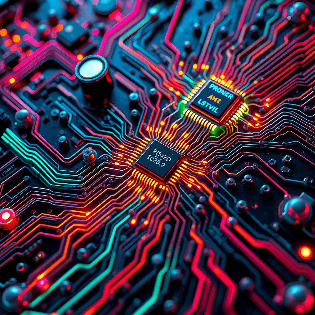 Surreal Futuristic Circuit Board Art in Neon and Metallic Hu...