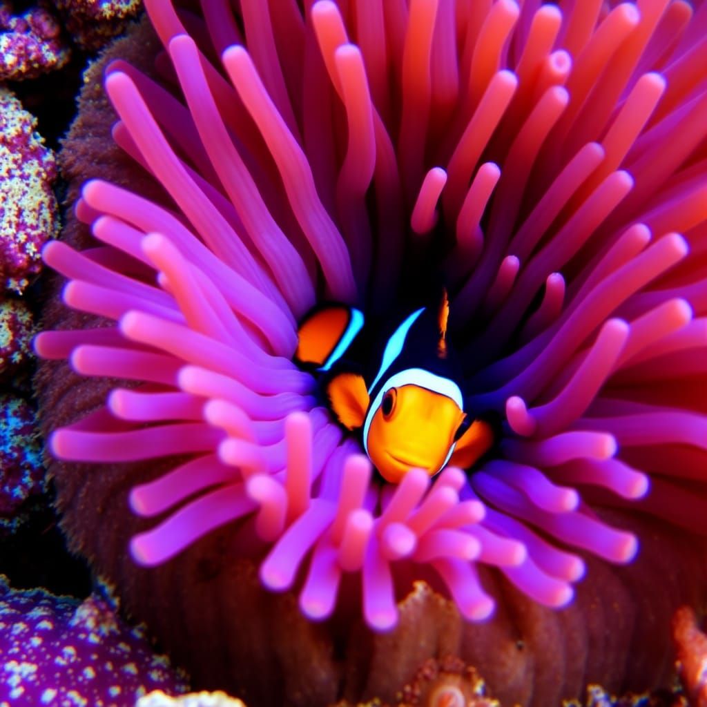 Clownfish and Purple Anemone in Coral Reef