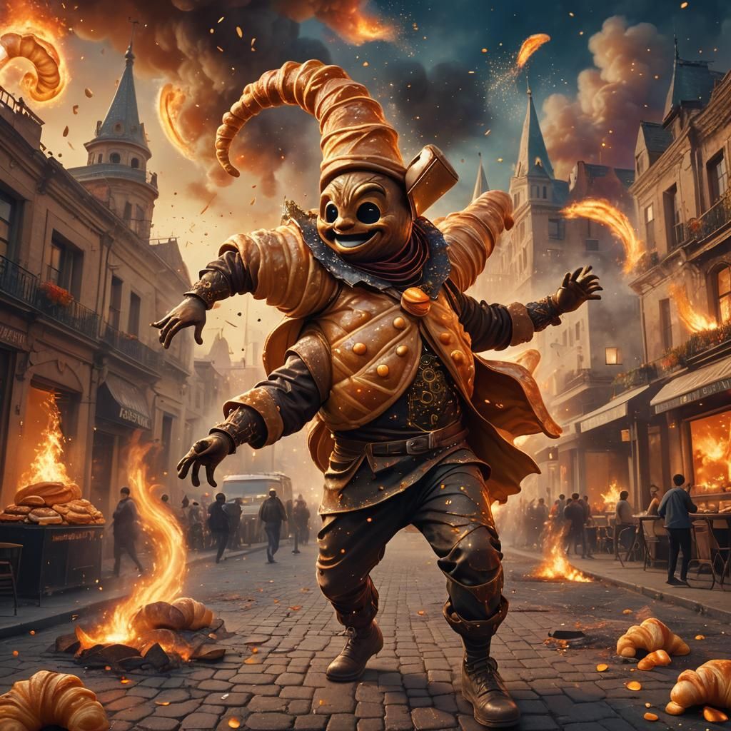 Dancing Croissant Man in Exploding Cityscape