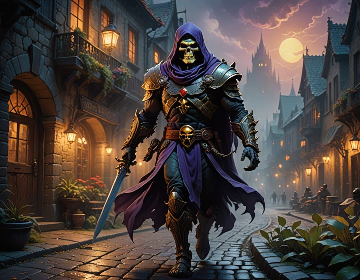 Surreal Skeletor Strides Through Medieval Fantasy City