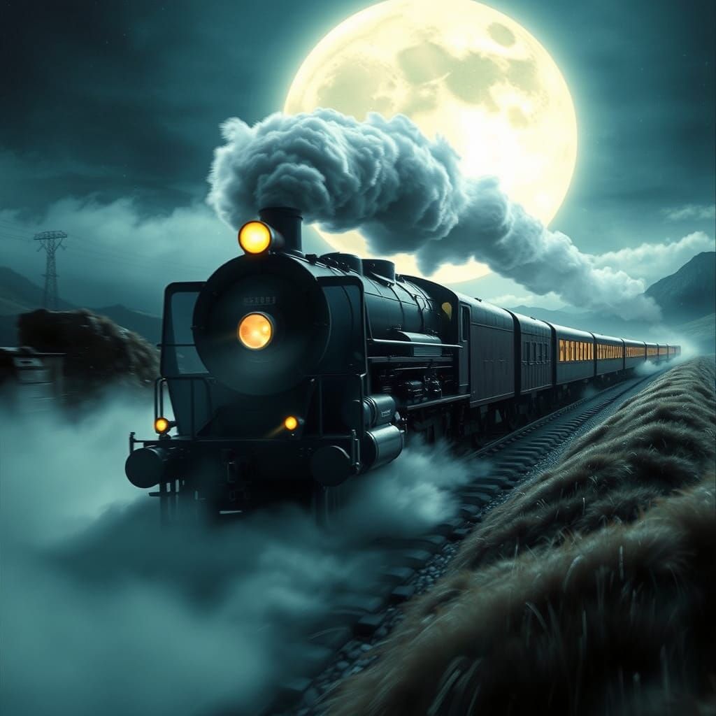 Futuristic Train Blurs Through Moonlit Landscape in Parallax