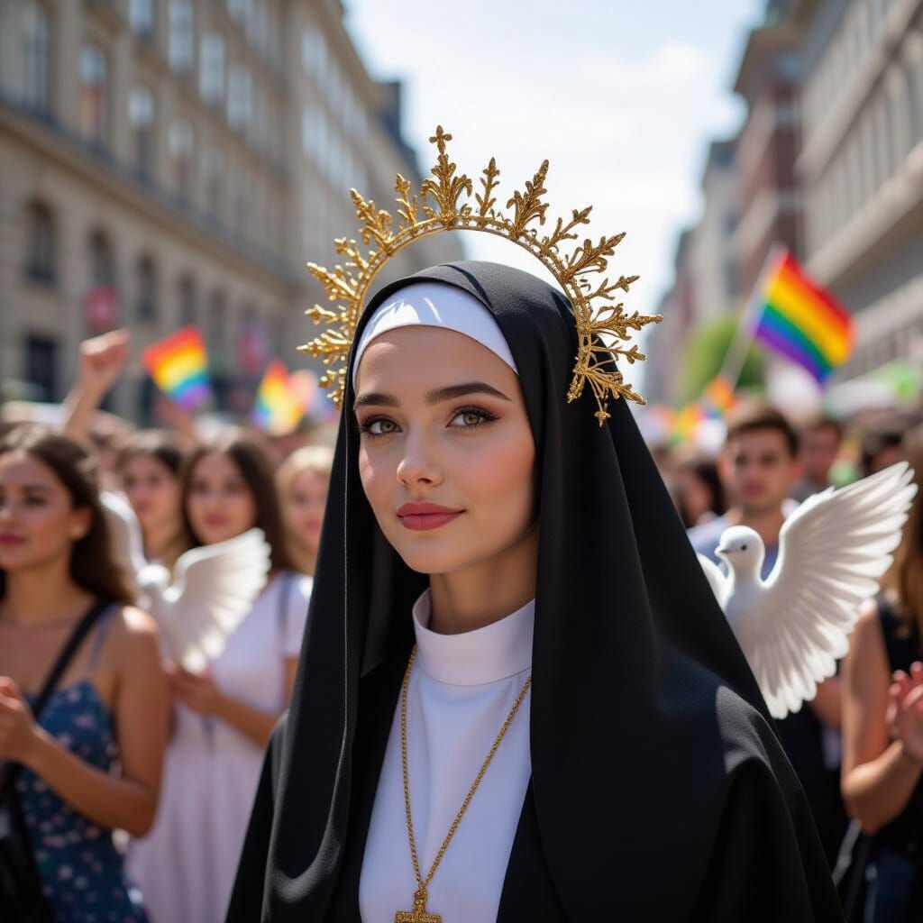 Nun Witnessing Gay Pride March with Angels