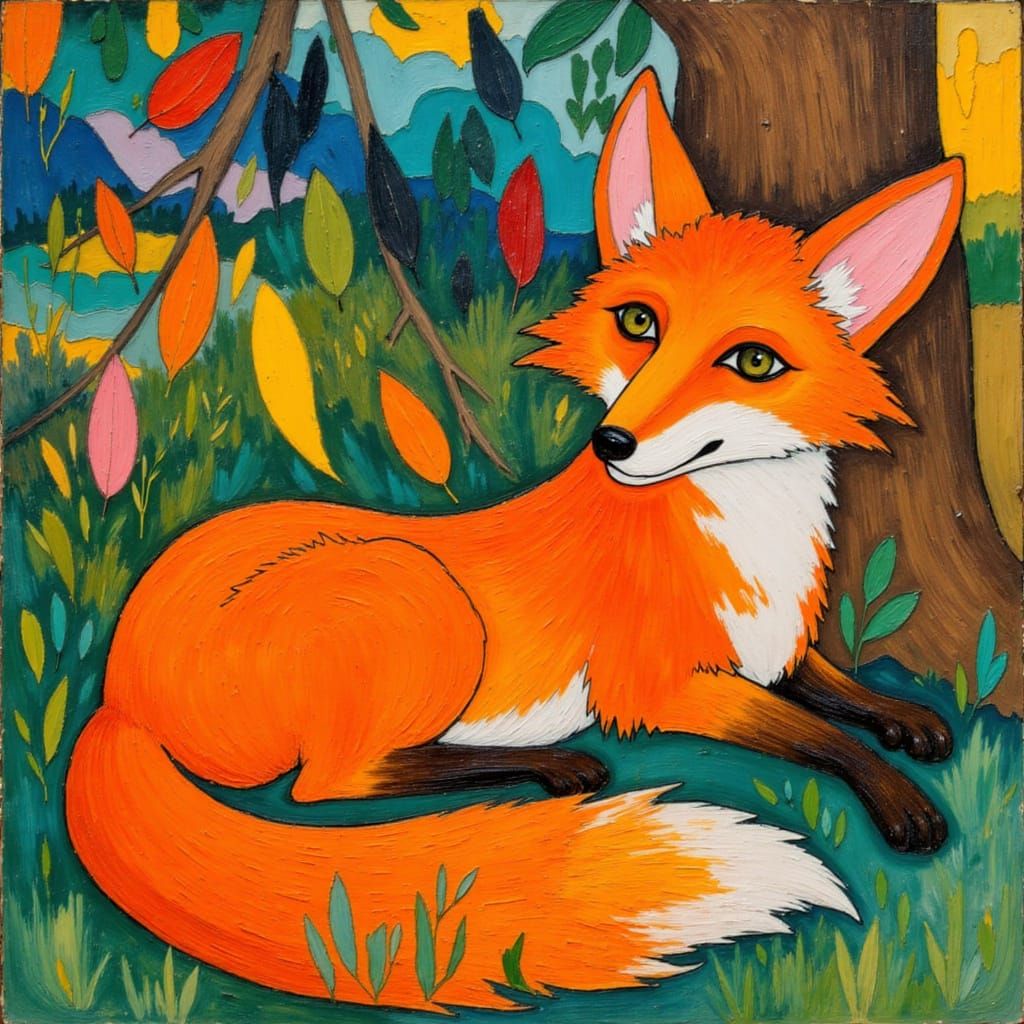 Fox in Geometric Fauvist Pastoral Scene