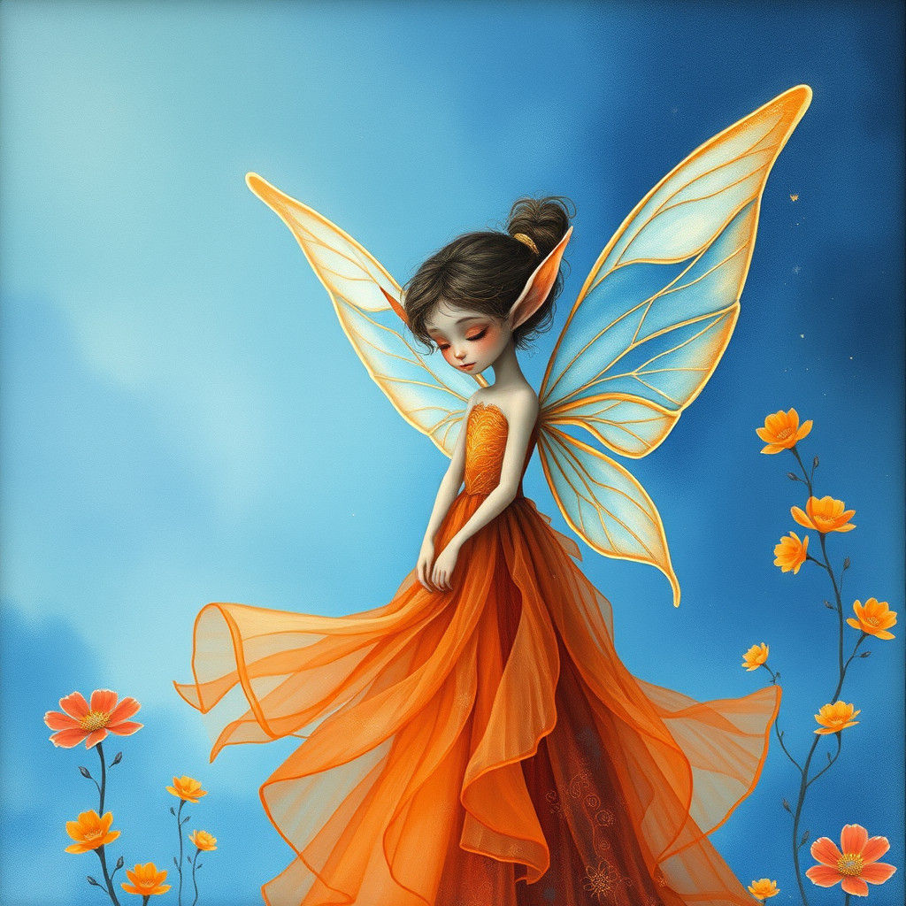 Ethereal Fairy Elf in Dreamy Blue Landscape