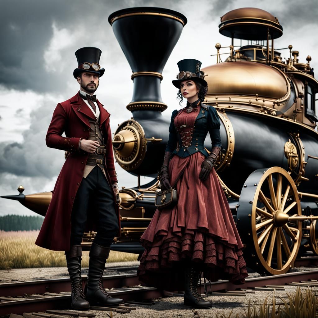 Steampunk Couple with Zeppelin in Victorian Style