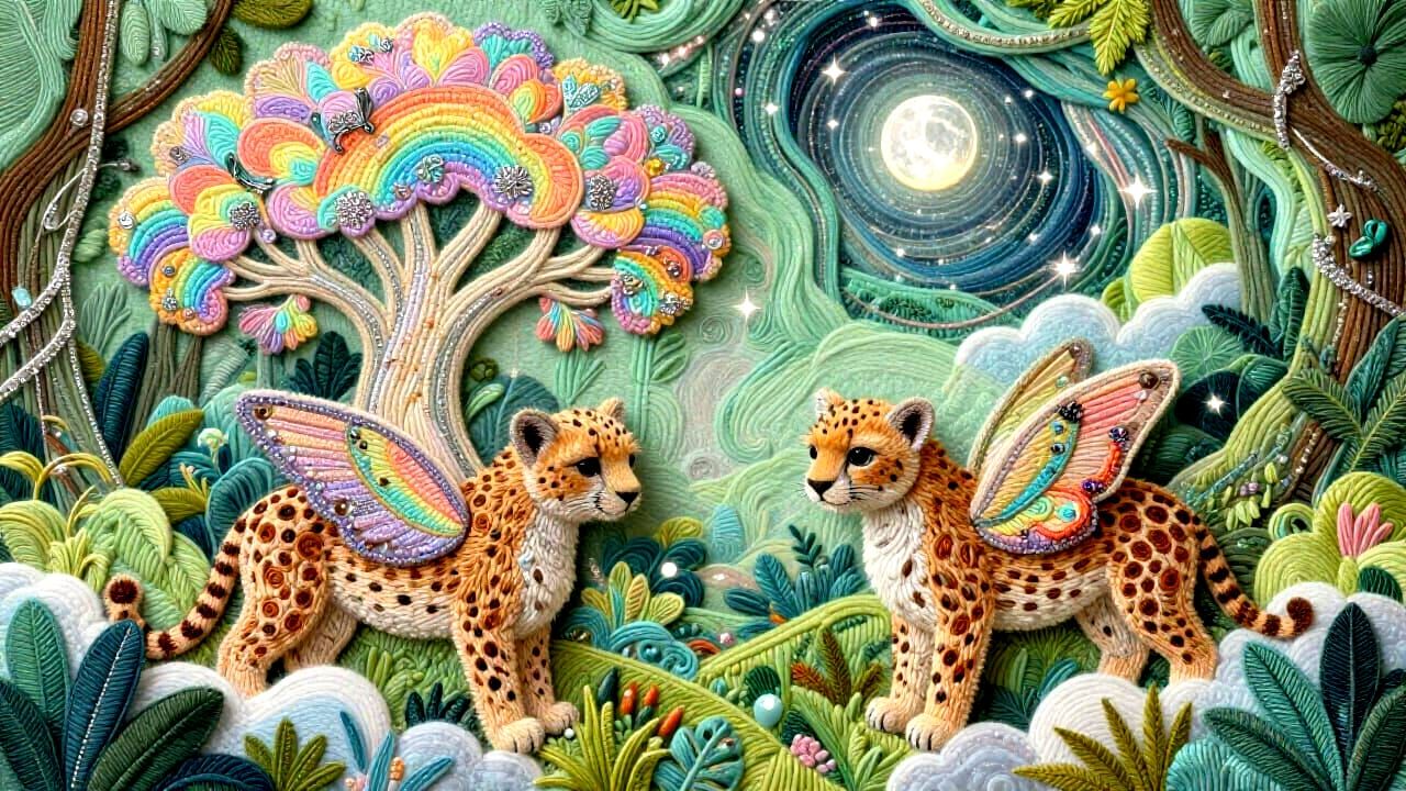 Fluffy Winged Cheetah Cubs in a Whimsical Stitched Jungle