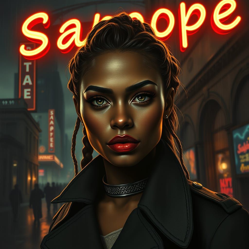 Defiant Woman Portrait in Cyberpunk Noir Style