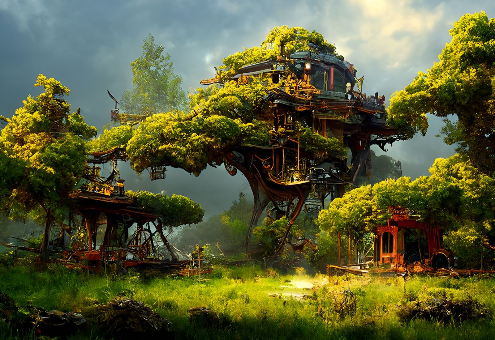 Steampunk Bonsai Treehouse: Detailed Matte Painting