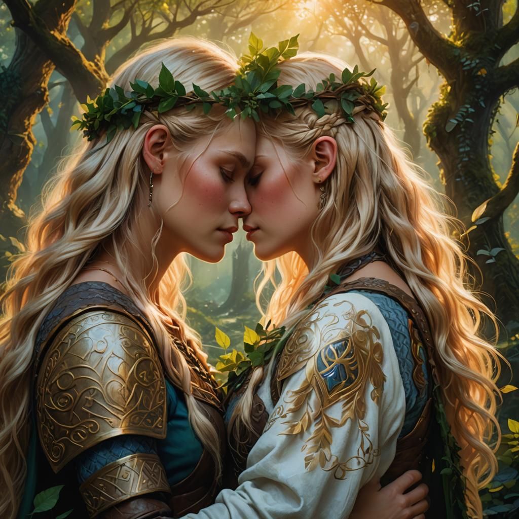 Viking Maidens' Kiss in Mystical Forest