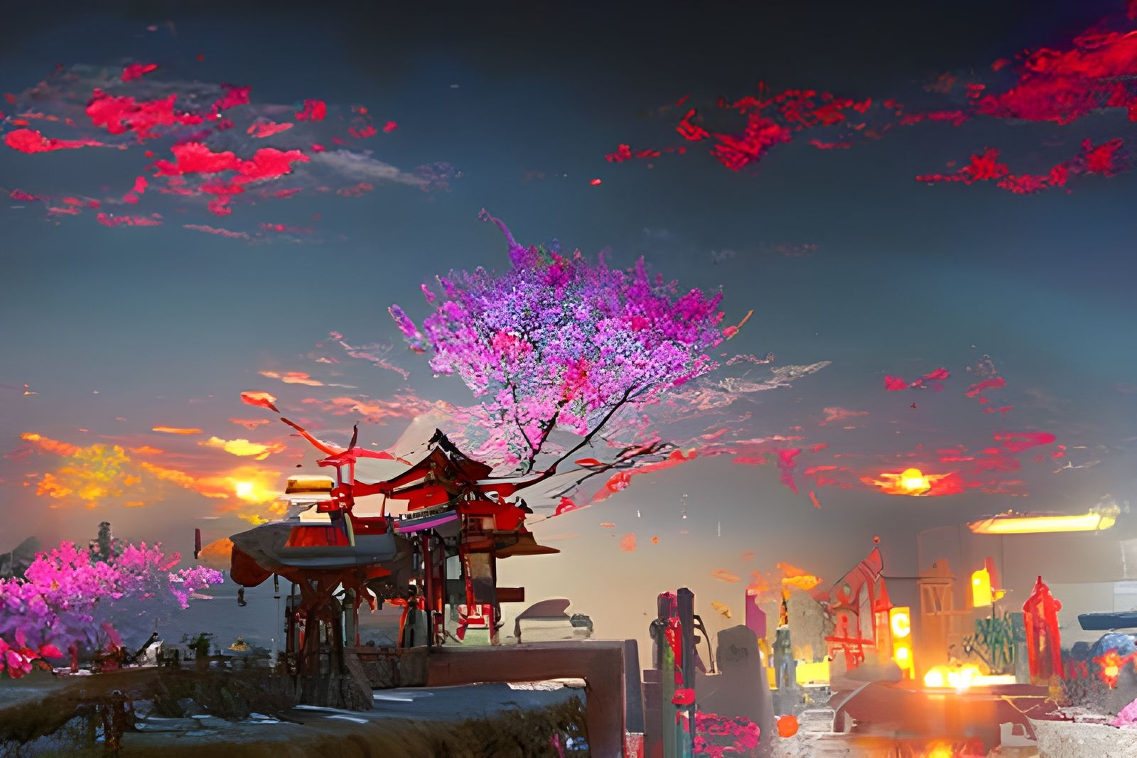 Cyberpunk Japan Sunset with Cherry Blossoms