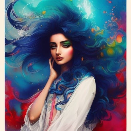 Beautiful Kurdish Girl with Blue Hair, Digital Gouache
