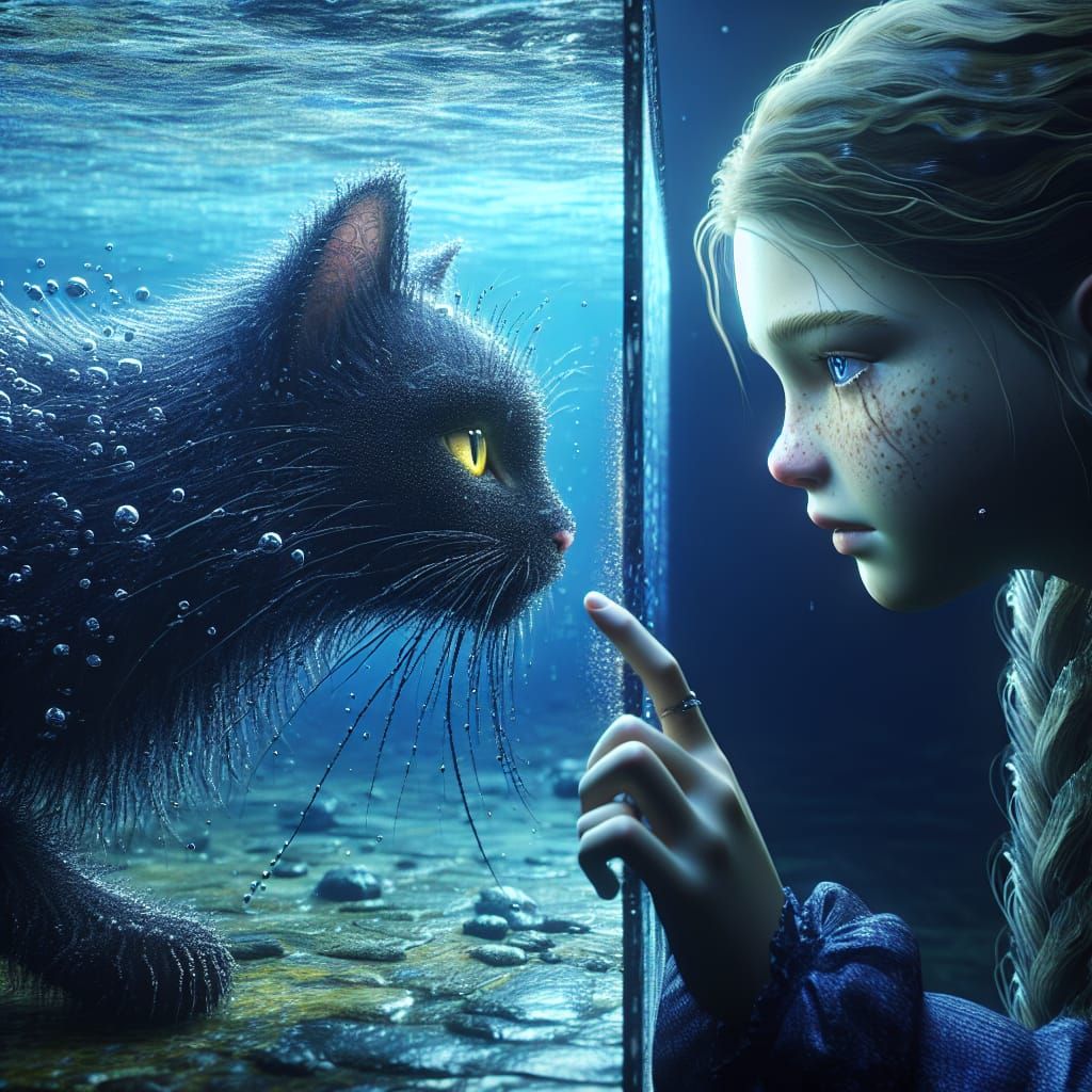 Underwater Touch: Cat, Girl, and Transparent Barrier