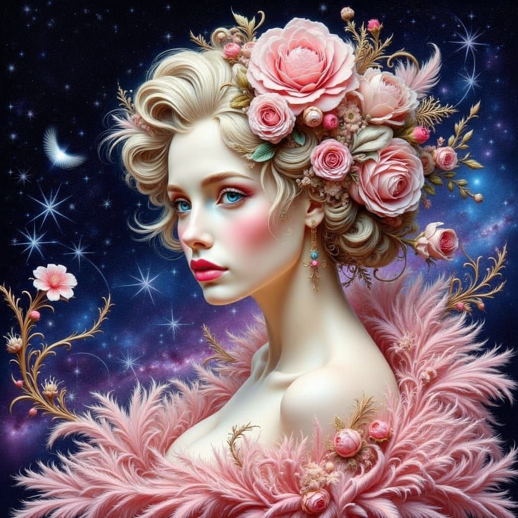 Woman with Floral Updo in Cosmic Style