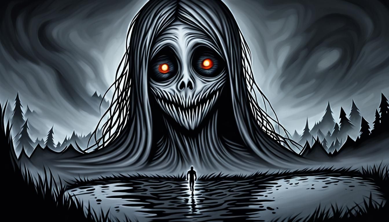 Sinister Creature Emerges from Mist in Charcoal Drawing