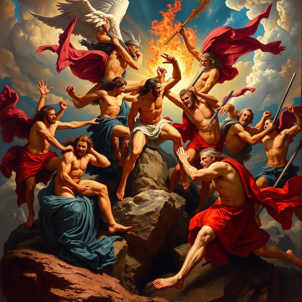 Olympians Battle Titans on Mount Olympus in Rubens Style