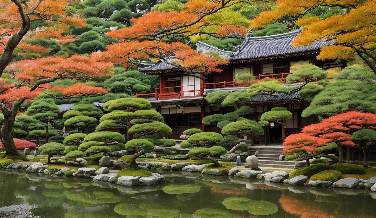 Authentic Japanese Garden with Tea House in Autumn