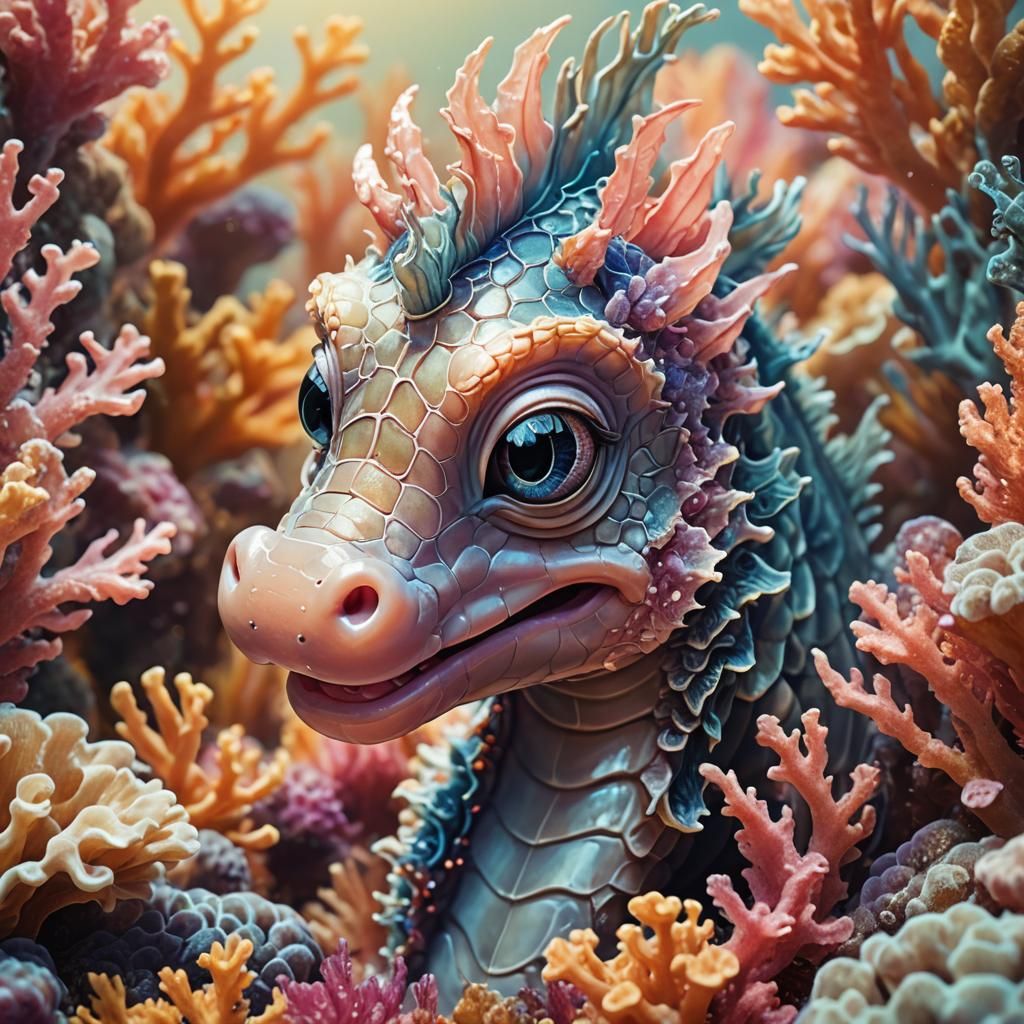 Baby Hippocampus in Sunny Coral Reef: Digital Illustration