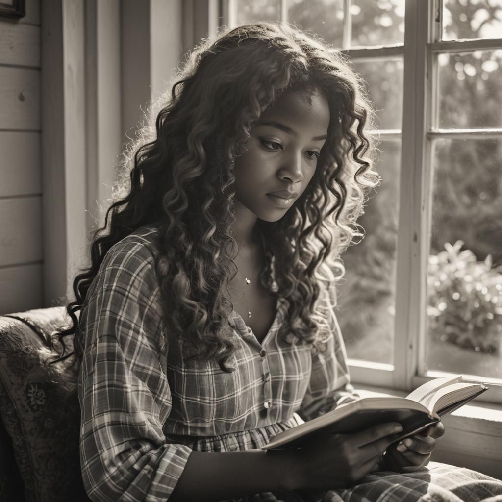 Girl Reading by Cottage Window: Black and White Photography
