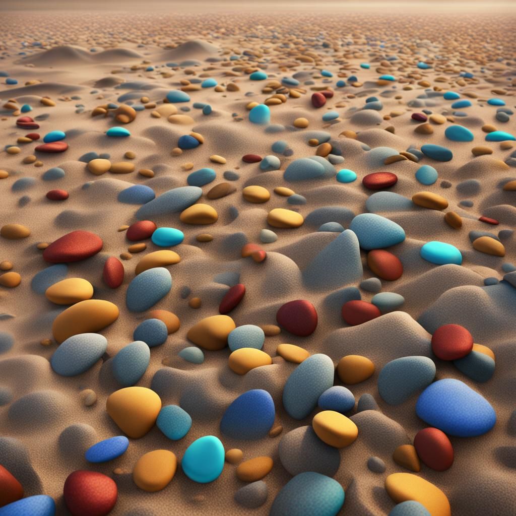 Colorful Pebbles on Sandy Beach: Fantasy Matte Painting