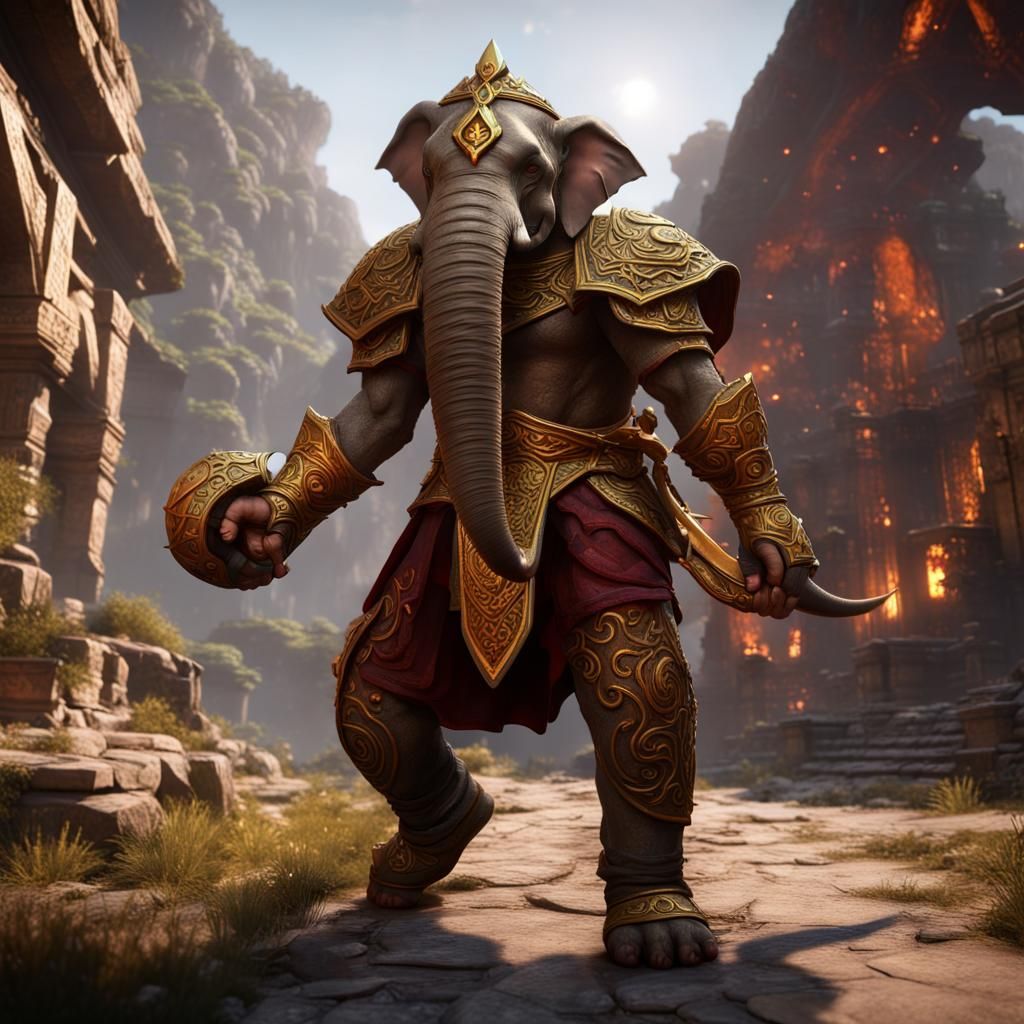 Elephant Paladin with Hammer in Fantasy Temple