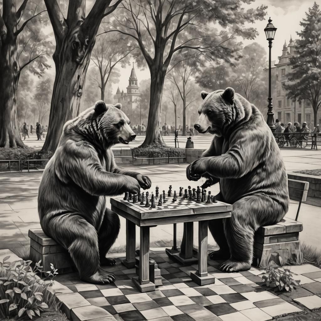Bears Play Chess: Hyperdetailed Charcoal Drawing