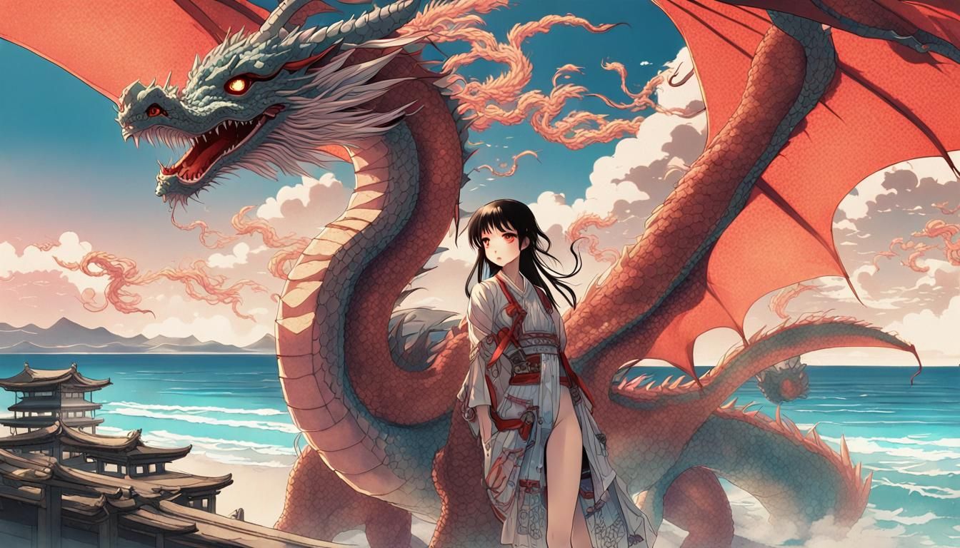 Manga Girl with Dragon in Cyberpunk World