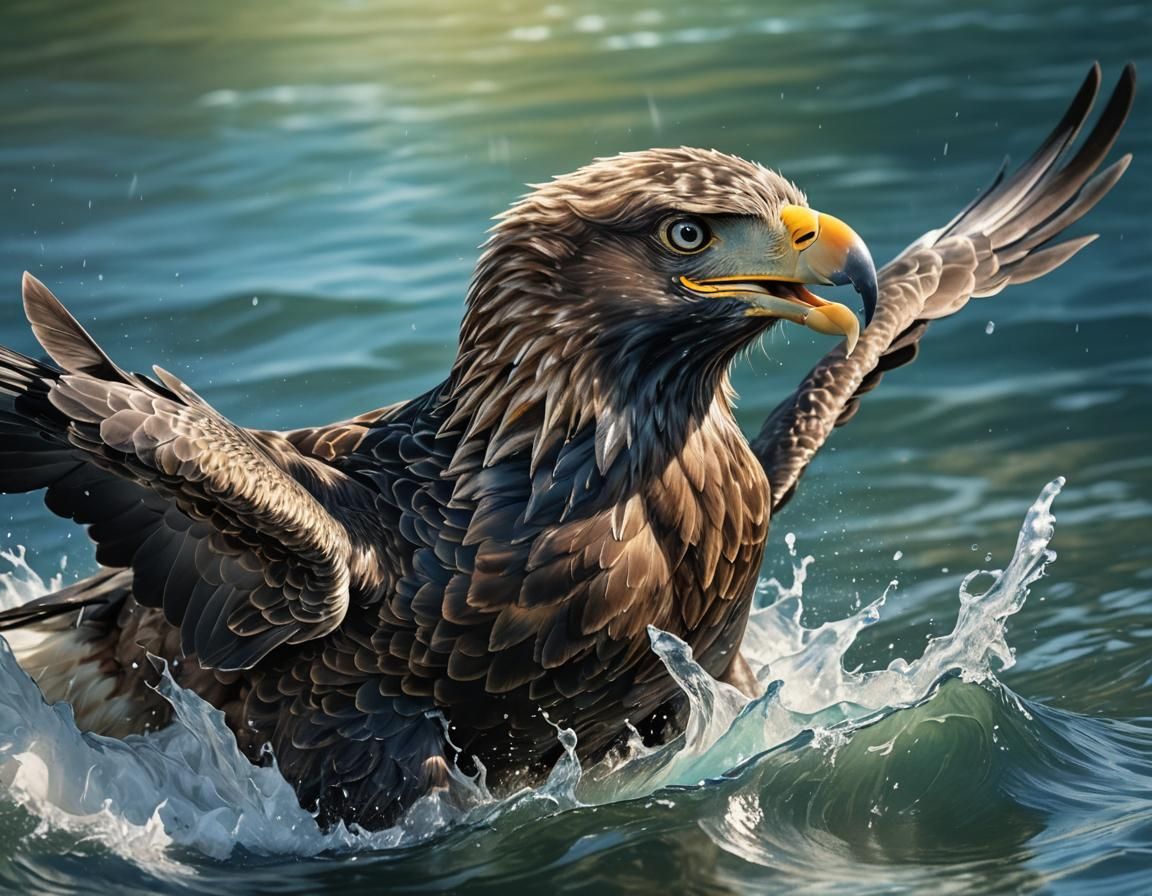 Baby Eagle on Ocean Surface in Splash Art Style