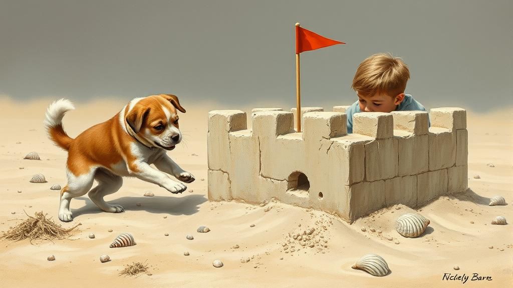 a playful puppy wrecking the basic sandcastle that a young b...