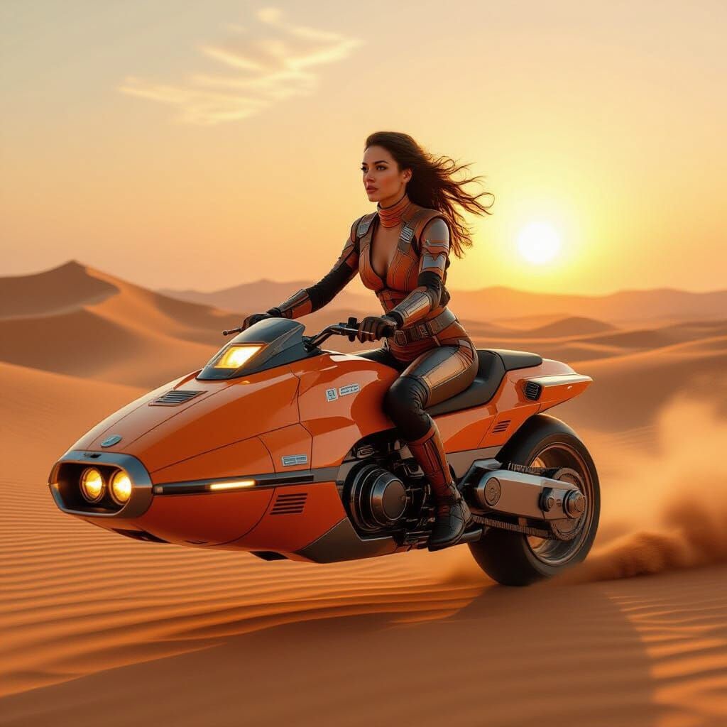 Woman Rides Orange Speeder Bike in Desert Sunset