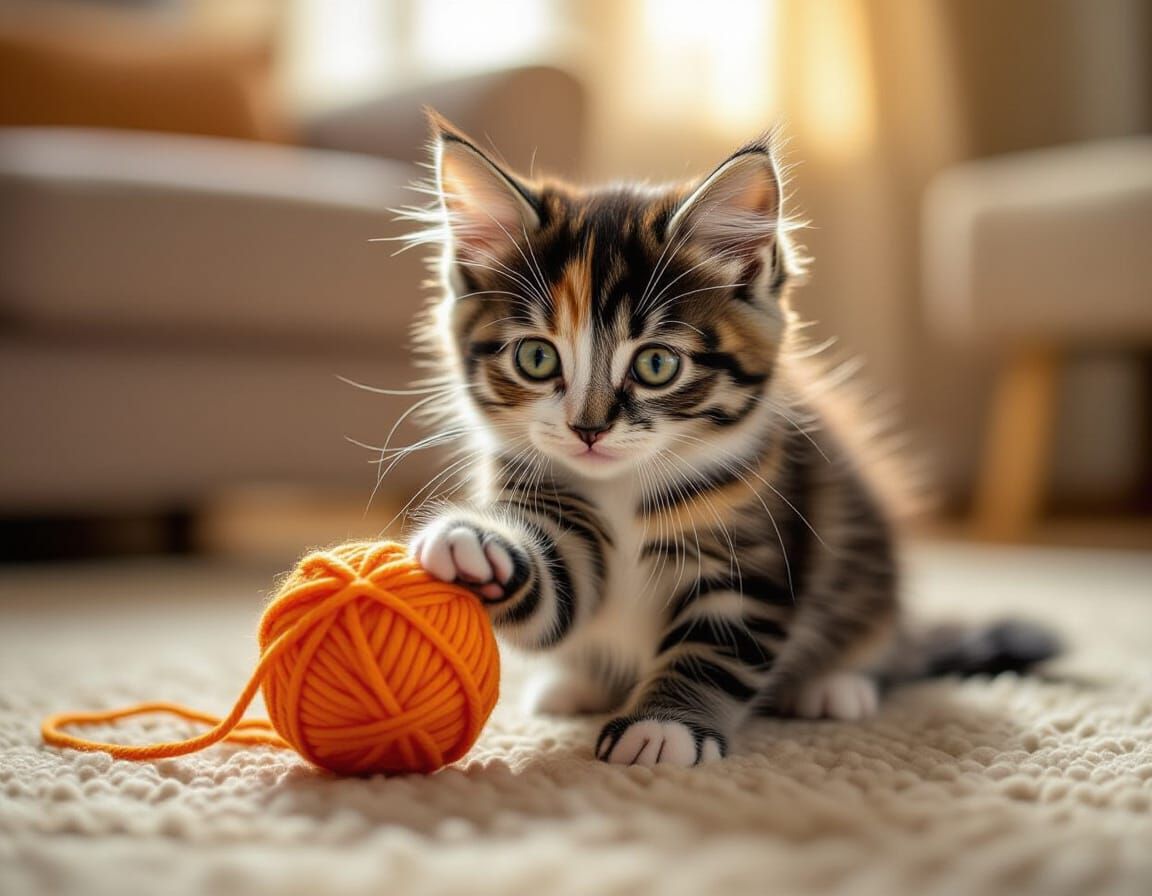 Playful Tortoiseshell Kitten With Yarn Ball in Cozy Light