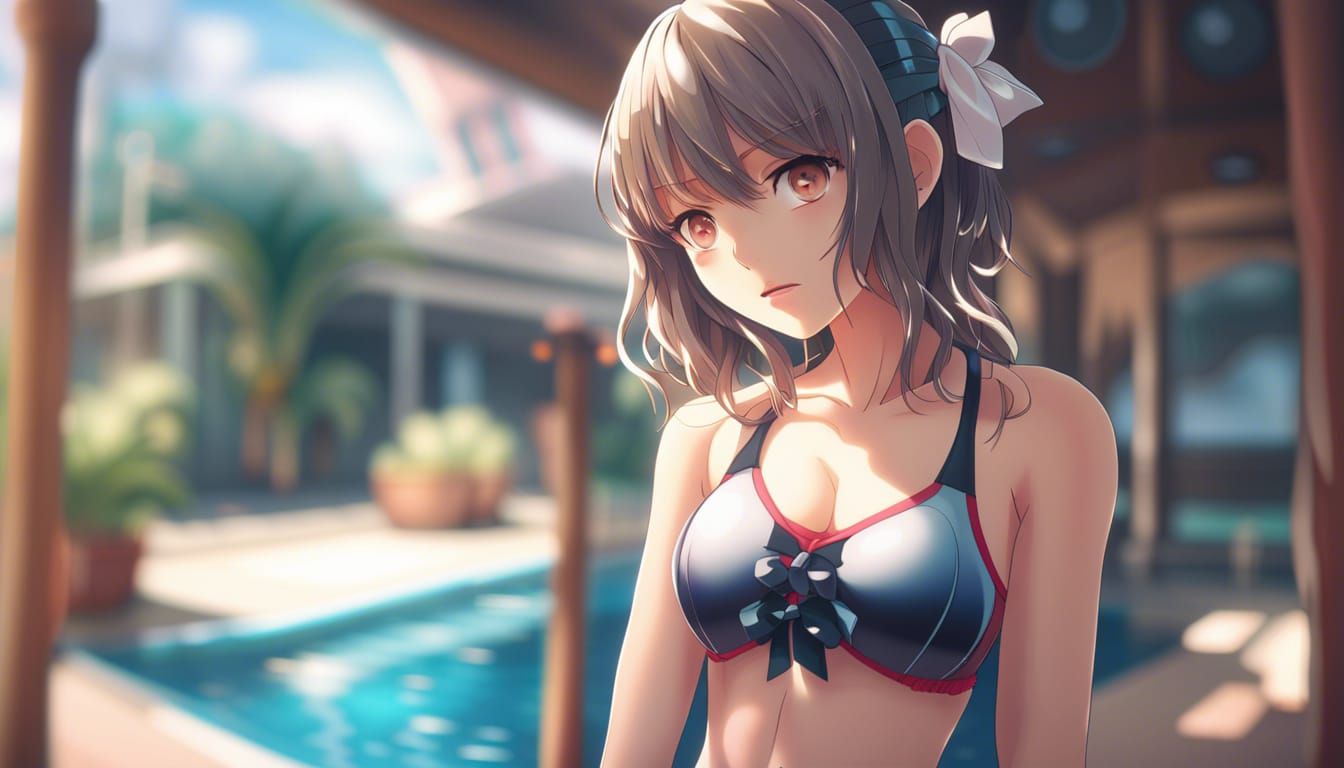 Anime Waifu in Bathing Suit: Hyperrealistic Digital Art