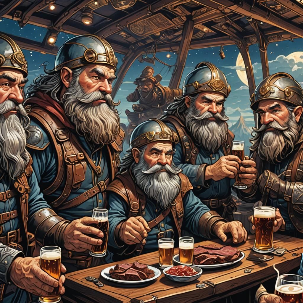 Dwarves Feast on Airship in Comic Book Style