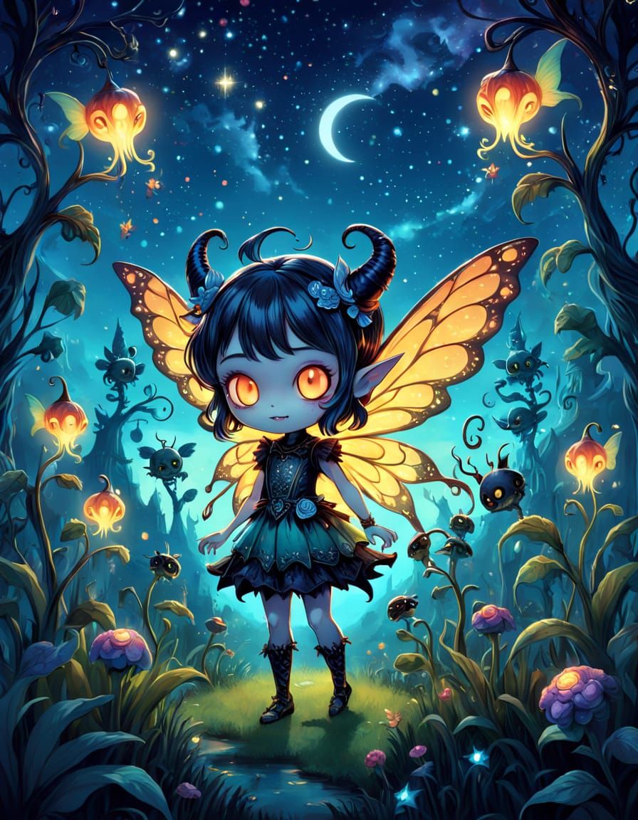 Cute Fairy Transforms into Friendly Demon in Creepy Garden