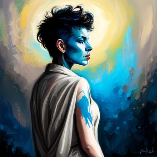 Punk Woman in Blue and Gray: Detailed Digital Art