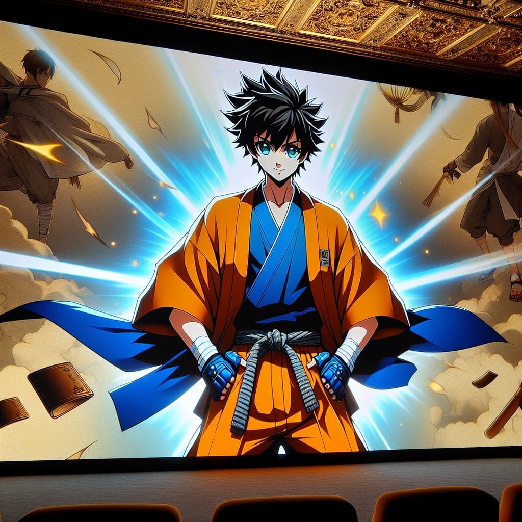 Anime Martial Artist with Spiky Hair in Orange Gi