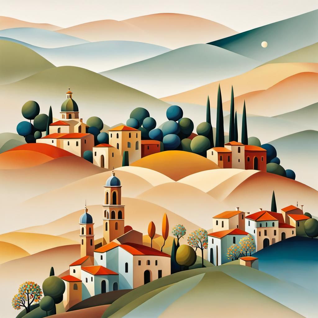 Colorful Italian Town Landscape in Cubist Style