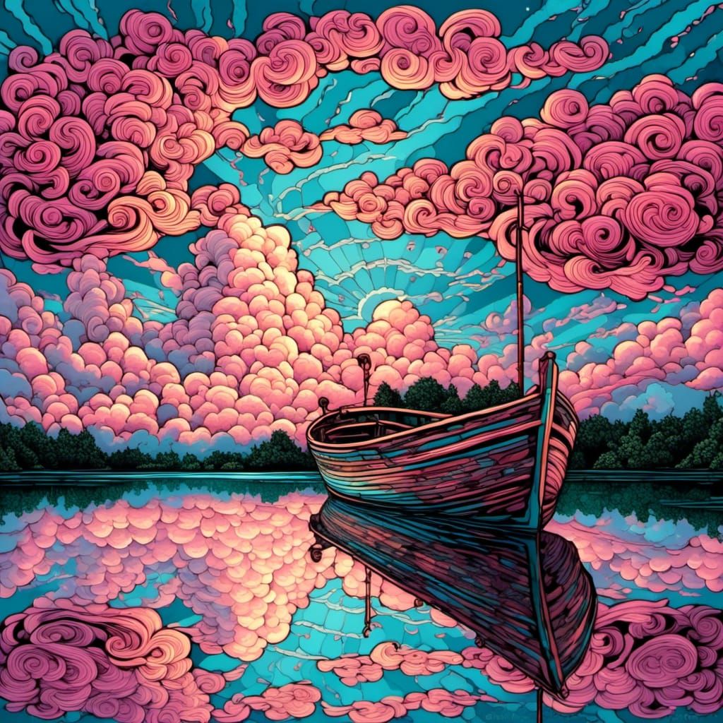 Boat on Reflective Water with Pink and Teal Skyline