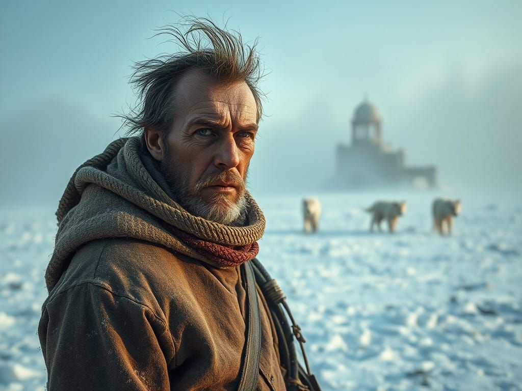 Realistic Portrait in a Desolate Winter Landscape