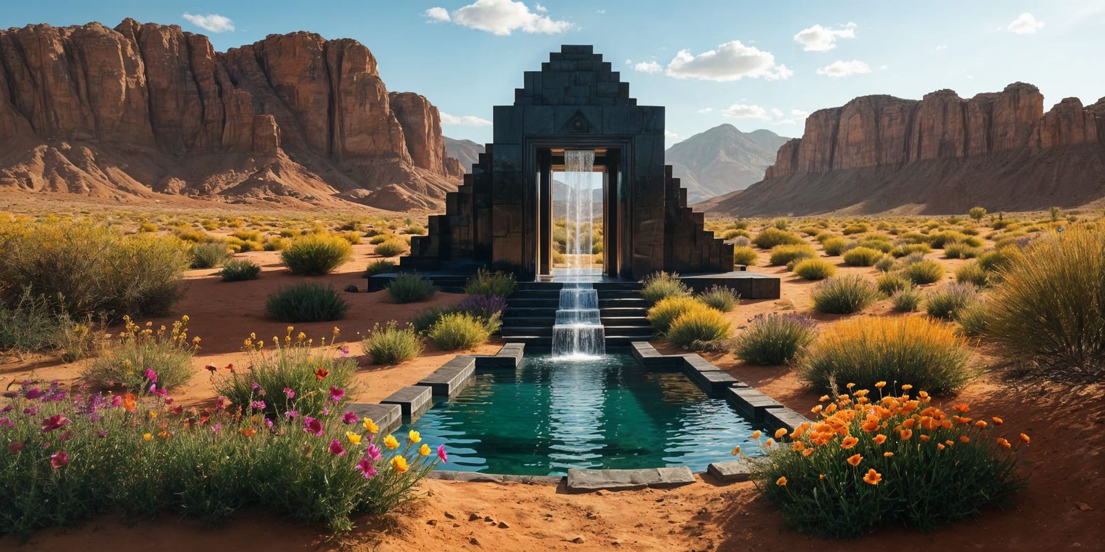 Shining Obsidian Temple in Desert Oasis