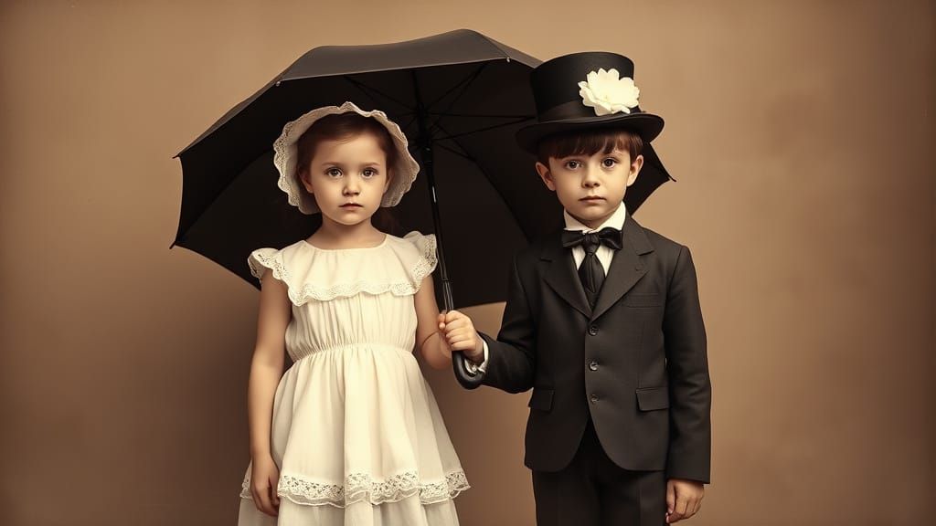 Vintage-Style Portrait of Children with Umbrella