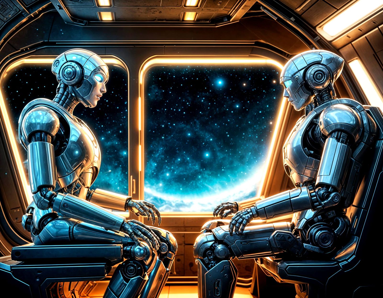 Robots Converse in Spaceship, 3D Rendered