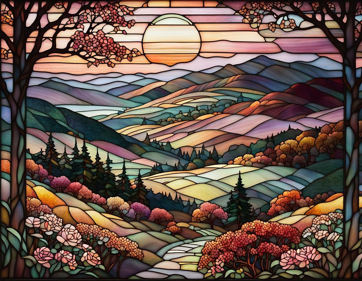 Scottish Autumn Landscape in Tiffany Stained Glass Style